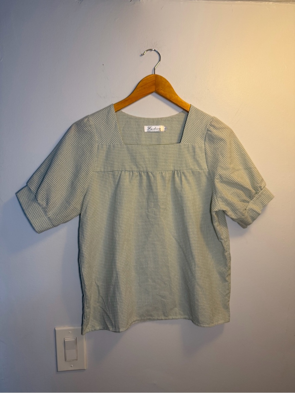 Vintage Light Sage Gingham Square Neck Top